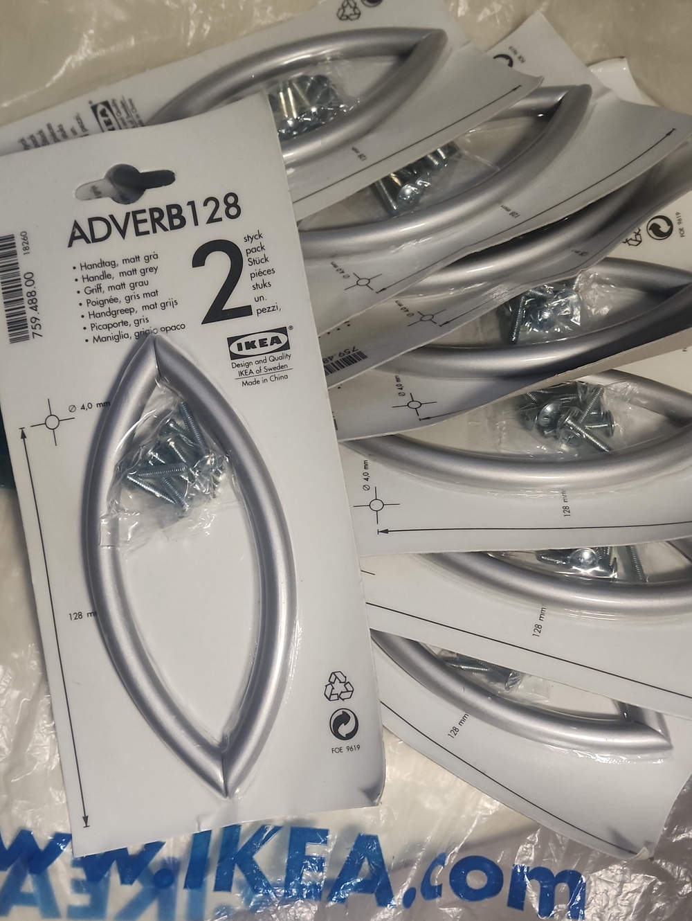 IKEA ADVERB128 Silver Cabinet Handles Sealed- 8 Packs of 2 (Matte Silver Finish)